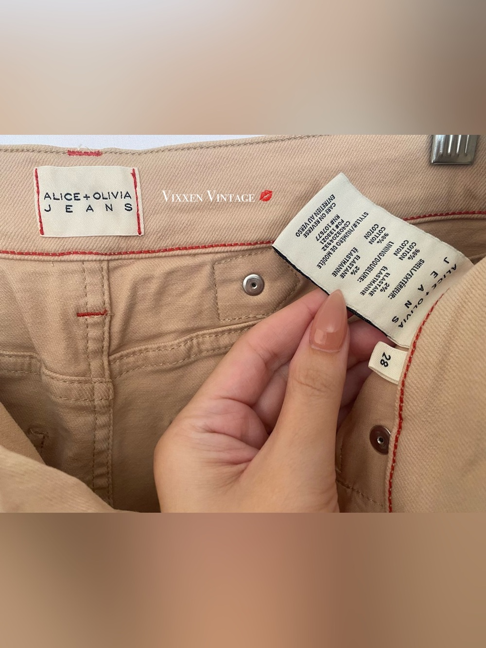 ALICE + OLIVIA 'ERNIE LOW RISE BUCKLE BACK BAGGY JEANS' IN ALMOND - Picture 4 of 8